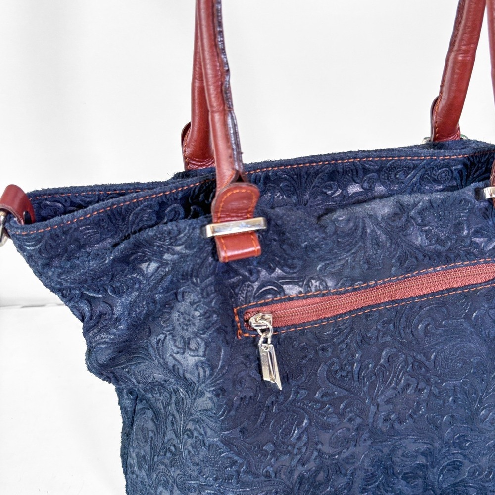 Borse in Pelle Navy Floral Embossed Suede Leather Tote Bag Made in Italy - Picture 8 of 12